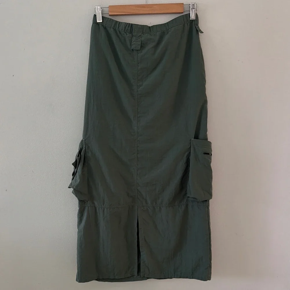 Jacques Ruc Olive Green Nylon Cargo‎ Maxi Skirt Utilitarian Gorpcore Size Small